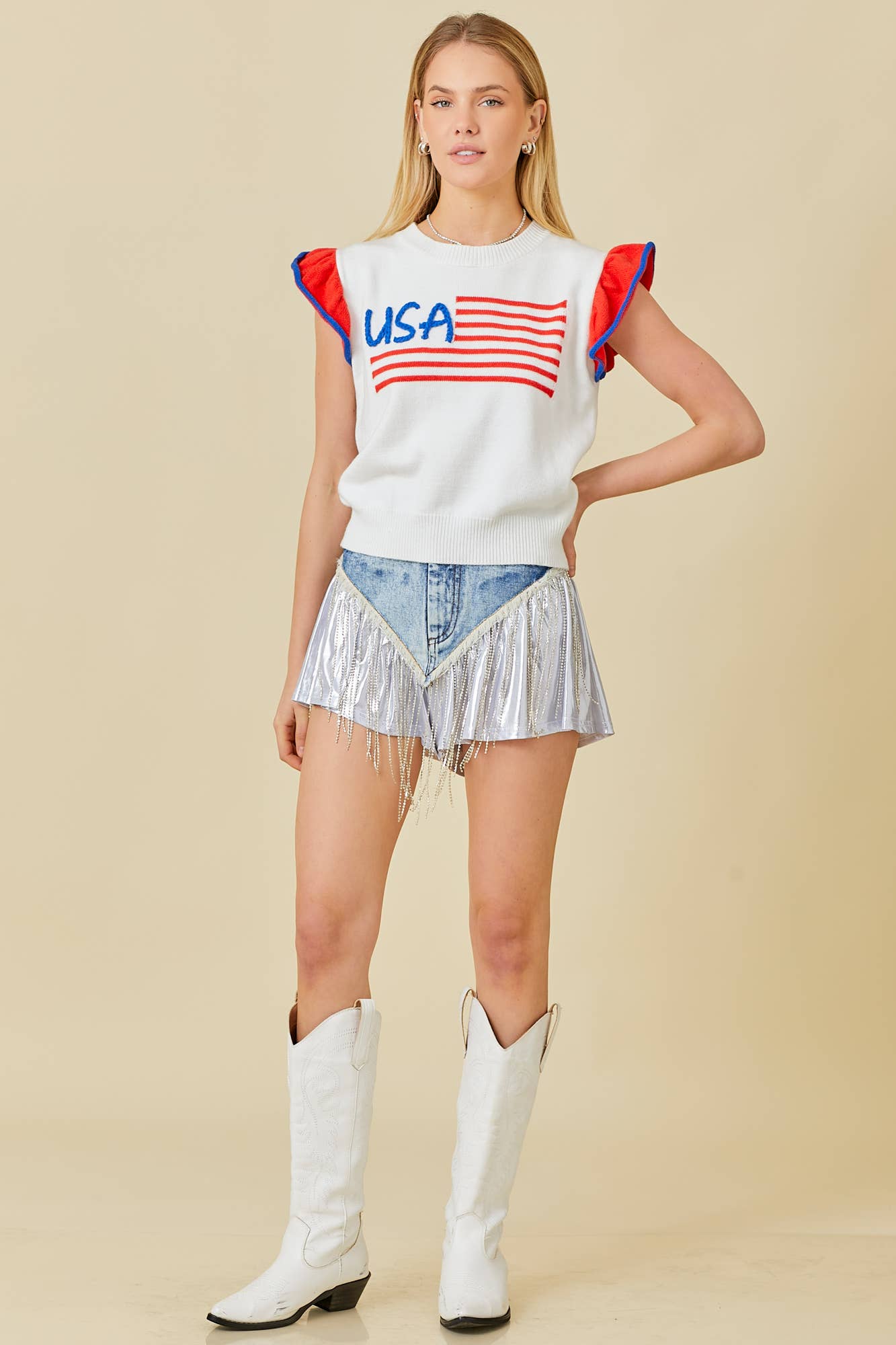 USA Flag Embroidered Sleevless Ruffle Sweater