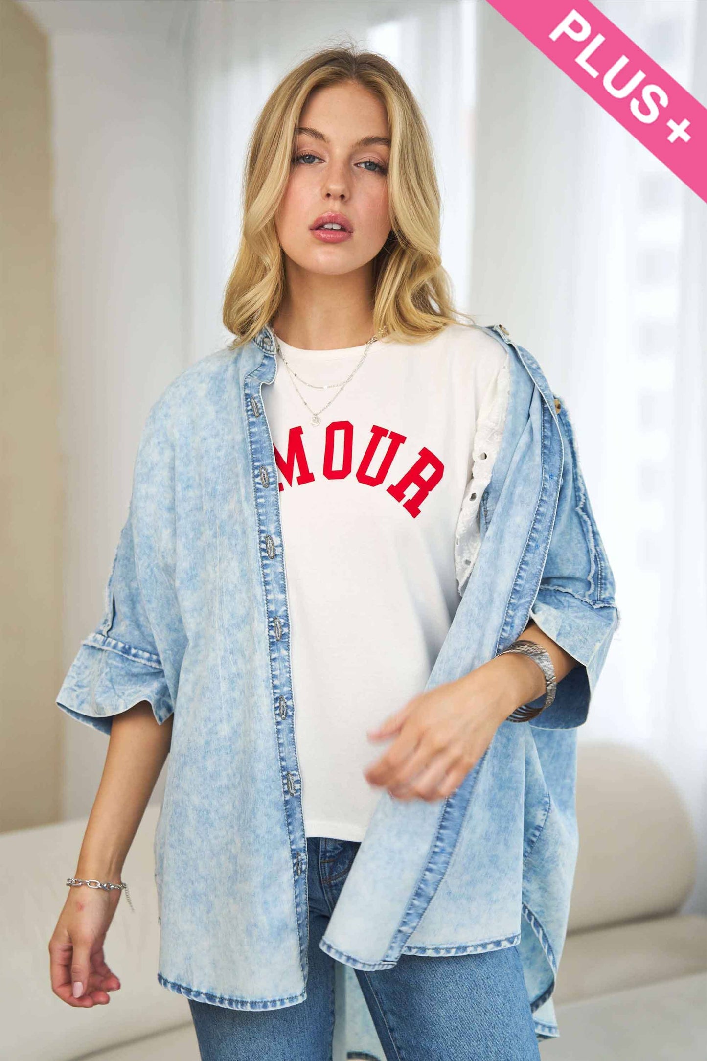 Plus Washed Denim Stand Collar Oversized Shirt