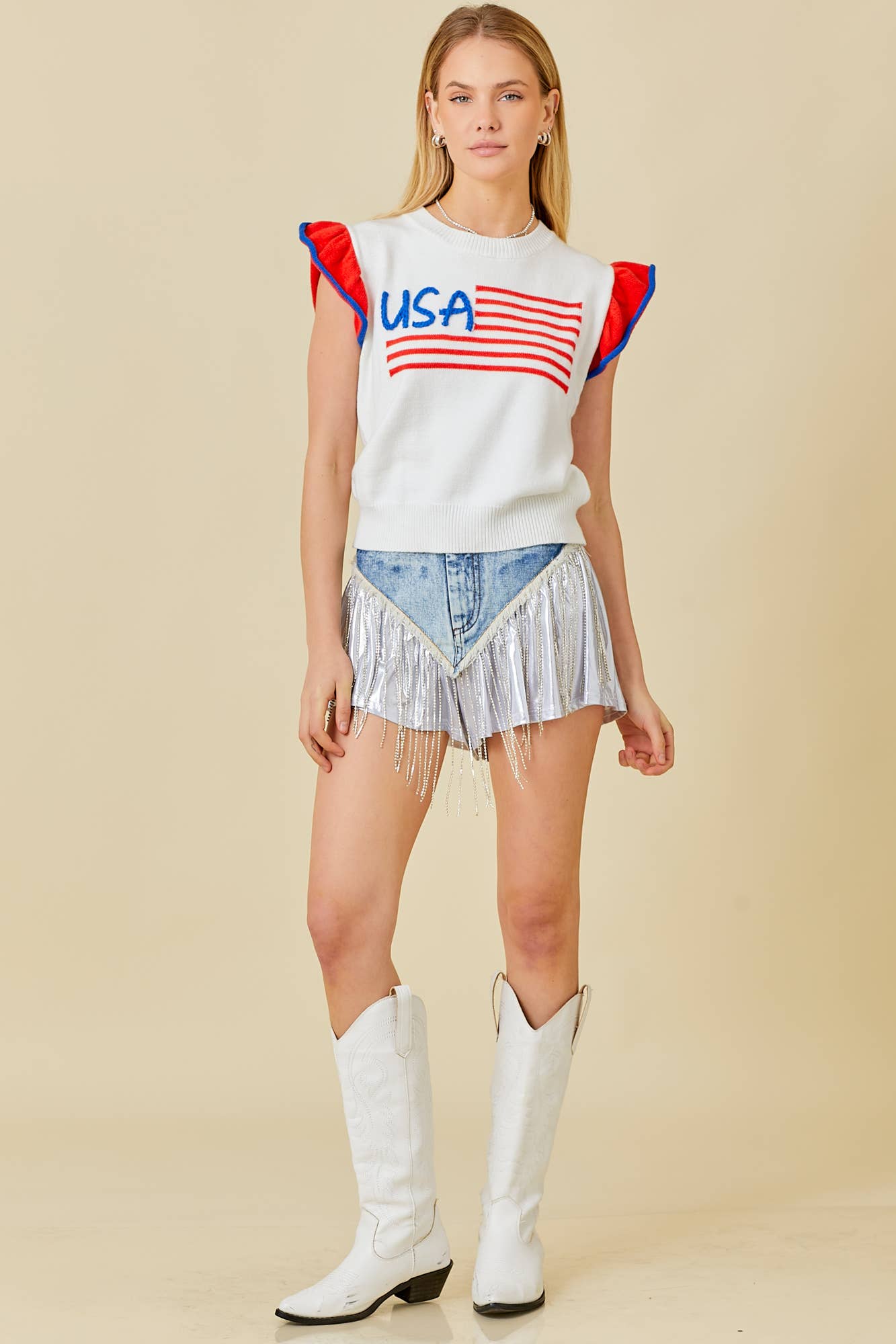 USA Flag Embroidered Sleevless Ruffle Sweater