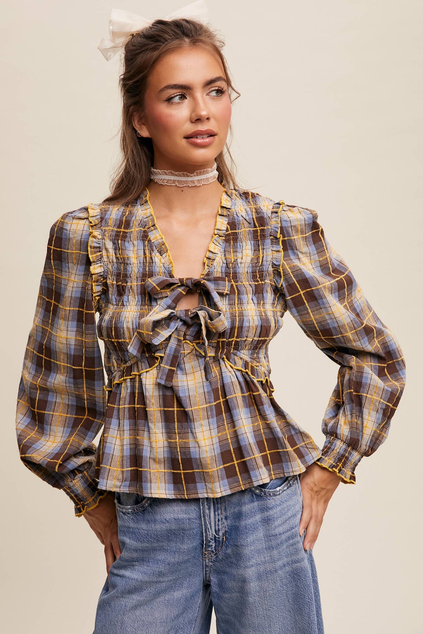 Penelope Smocked Plaid Bow Blouse