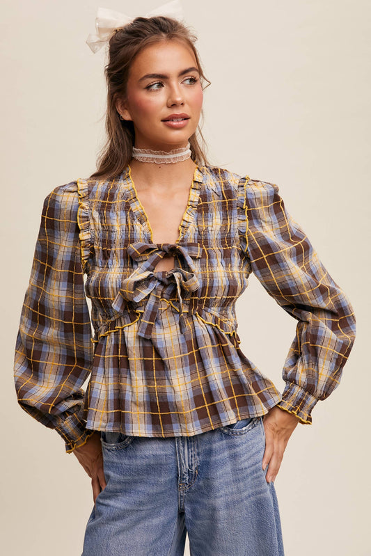 Penelope Smocked Plaid Bow Blouse