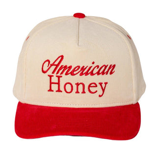 Red and cream embroidered baseball cap for casual everyday style.