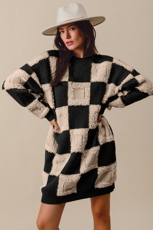 Fuzzy Checkered Mini Sweater Dress