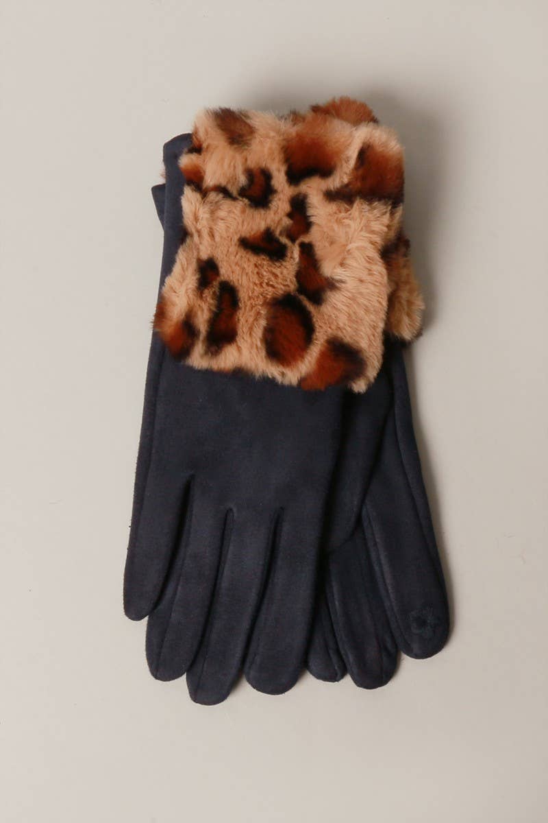 Solid Suede w Faux Animal fur Cuff Smart Gloves