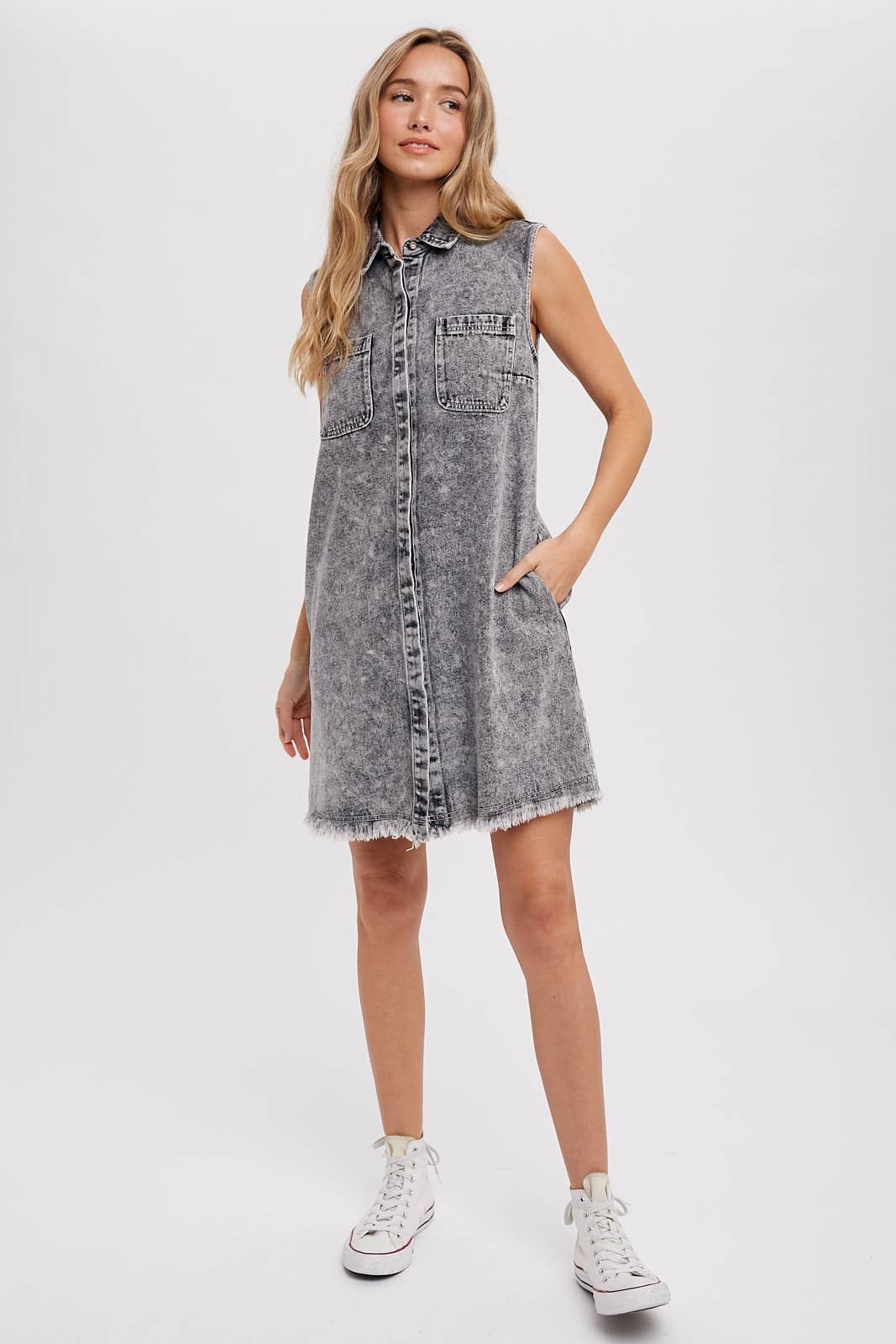 Frayed Hem Sleevelss Denim Dress