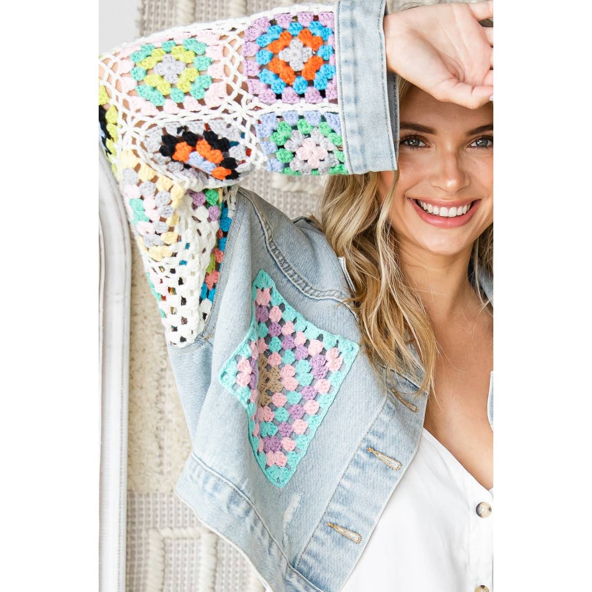 Crochet Sleeve & Pocket Denim Jacket