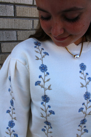 Blue floral embroidery detail on ivory Flora Embroidered Knit Sweater