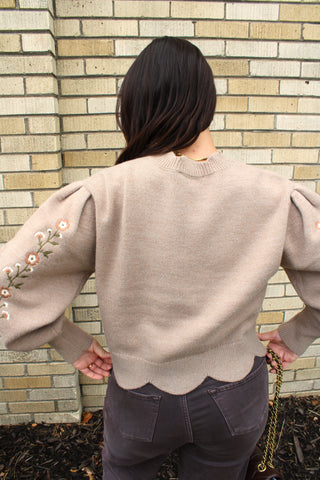 Back view of taupe Flora Embroidered Knit Sweater with scalloped hem