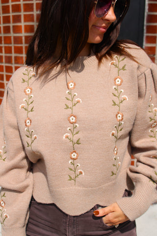 Floral embroidery detail on taupe Flora Knit Sweater