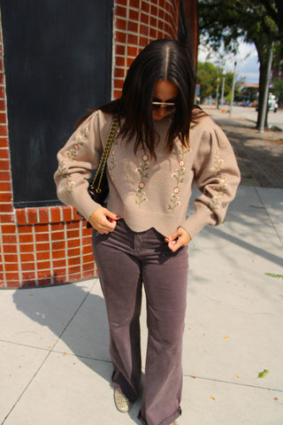 Flora Embroidered Knit Sweater in taupe styled with mocha jeans