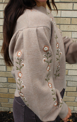 Women's taupe floral sweater with embroidered balloon sleeves