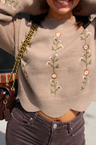 Taupe embroidered sweater with feminine scalloped hem