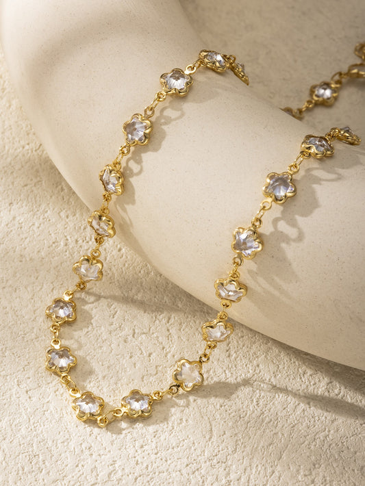 Gold Zipped Zirconia Flower Necklace