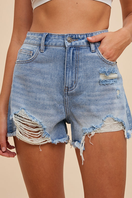 High-rise distressed denim shorts with frayed hems and shredded details, available at Erin Rose Boutique