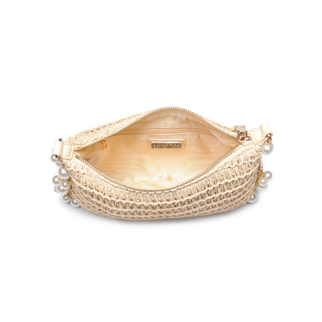 Interior view of pearl and seashell-embellished straw shoulder bag with gold satin lining and zip pocket from Erin Rose Boutique