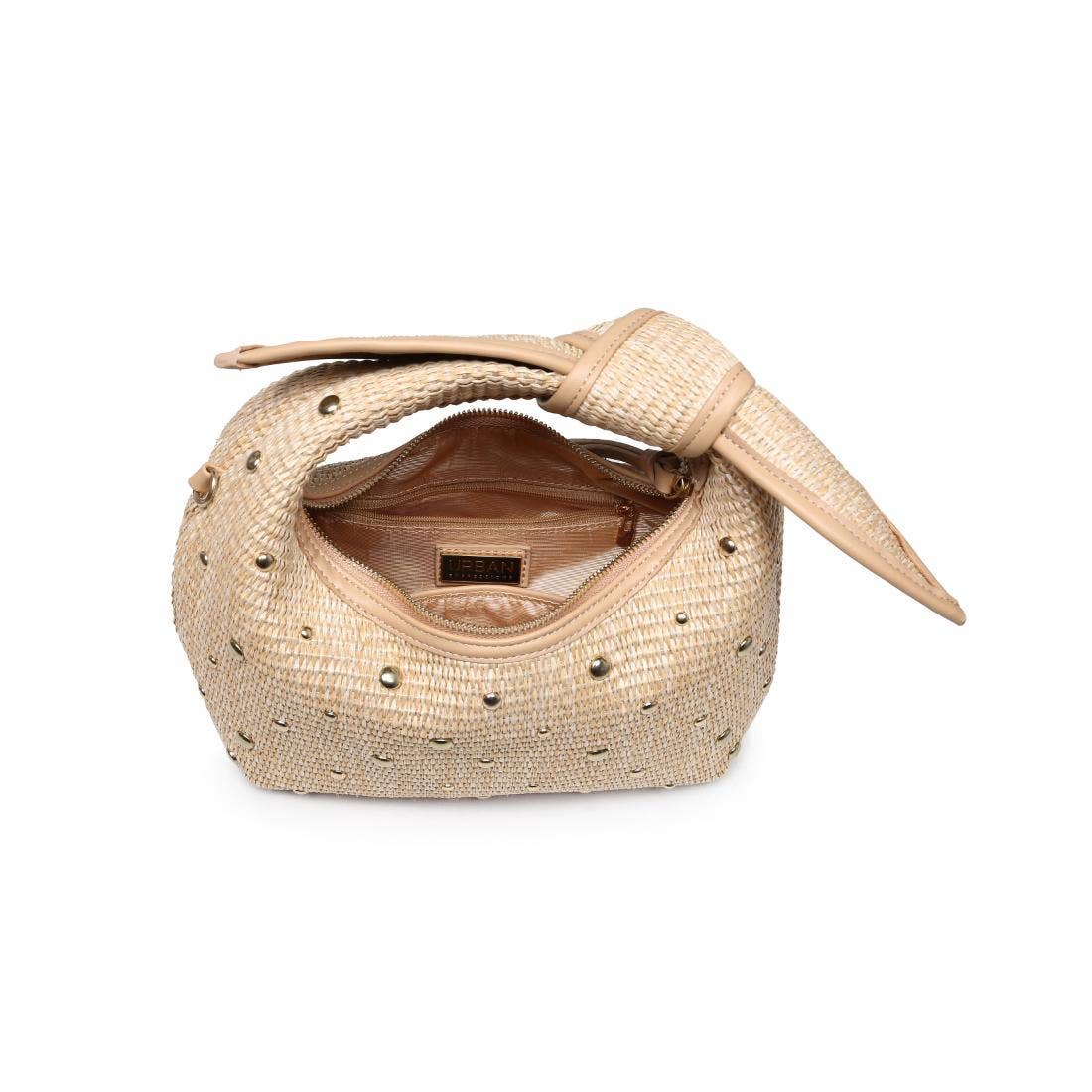 Interior view of a raffia hobo bag with gold stud details, showing zipper pocket and Urban Expressions label
