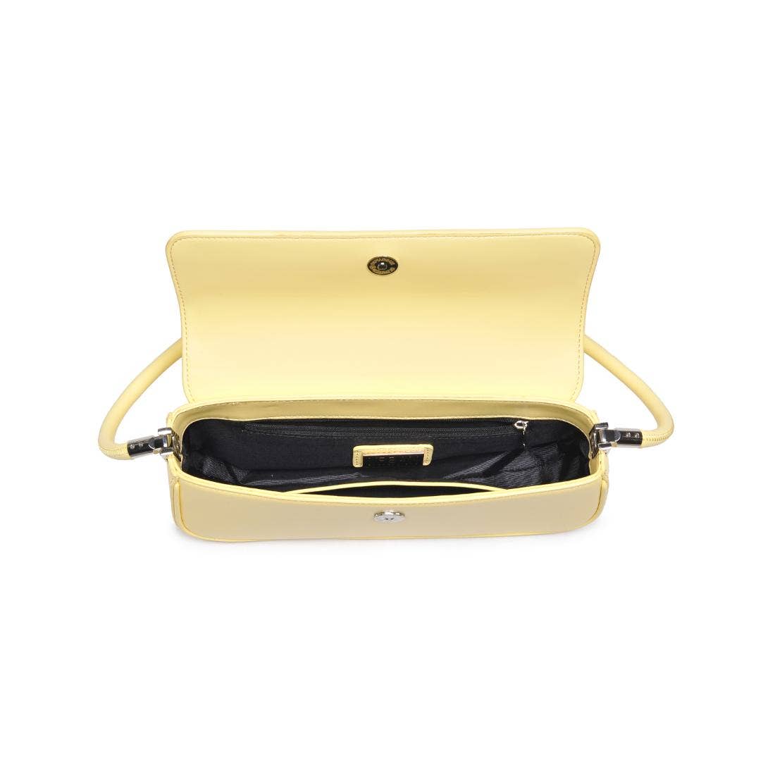 Open view of yellow baguette shoulder handbag with black interior lining and zip pocket – Erin Rose Boutique
