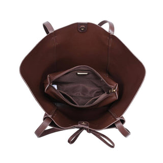 Interior view of the Soren Chocolate brown faux suede tote with removable faux leather zip pouch