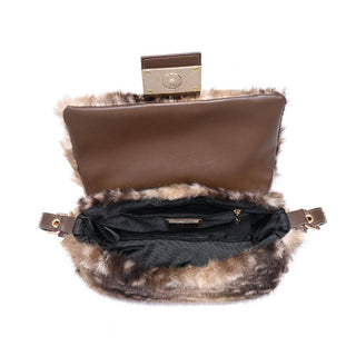 Interior view of Fawn brown faux fur shoulder handbag with interior pocket