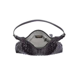 interior view of Chocolate woven shoulder  handbag with interior pocket