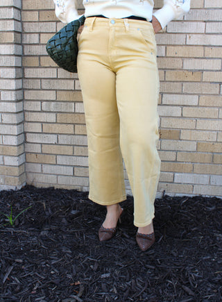 Front view of JBD butter yellow high rise straight leg ankle jeans with 27 inch inseam