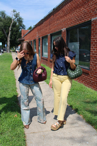 JBD butter yellow straight leg ankle jeans styled with the Breken Bubble Denim Top alongside a casual denim outfit
