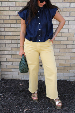 JBD butter yellow straight leg ankle jeans styled with a dark indigo denim top