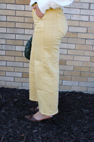 Side view of women's JBD butter yellow straight leg ankle jeans, a white top, and brown pointed-toe heels, standing on dark mulch in front of a beige brick wall.