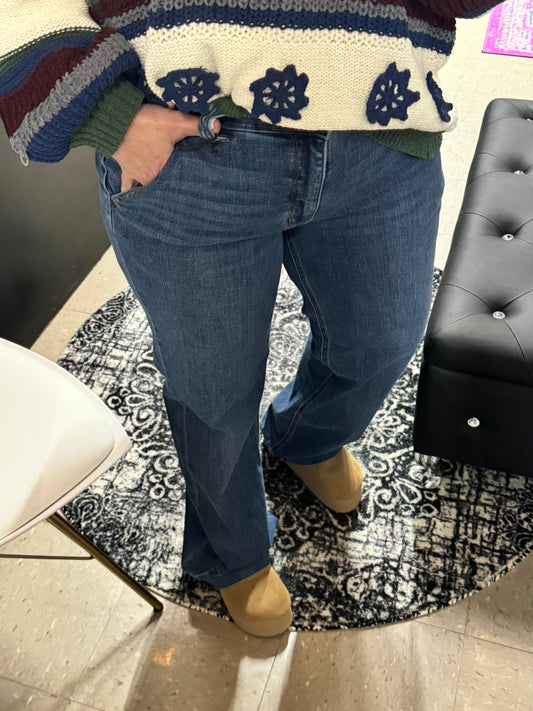 Judy Blue dark wash double button wide leg jeans for women, featuring a flattering high-rise fit