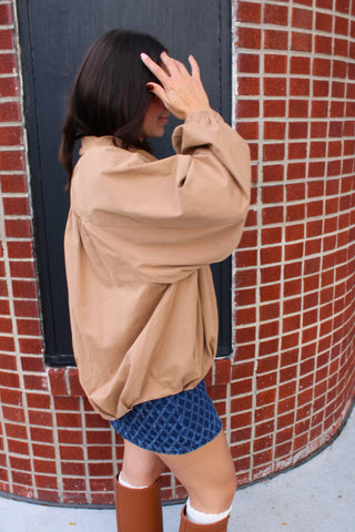 Side view Women's boutique fall jacket in camel brown available at Erin Rose Boutique