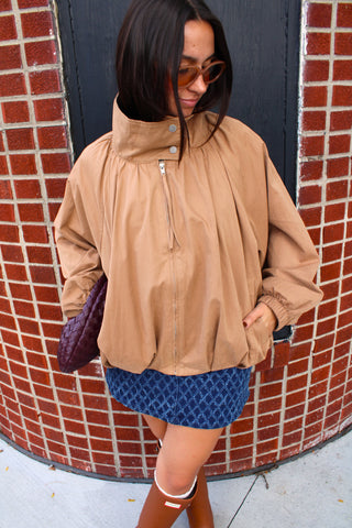 Women's camel jacket with snap funnel neckline available at Erin Rose Boutique.