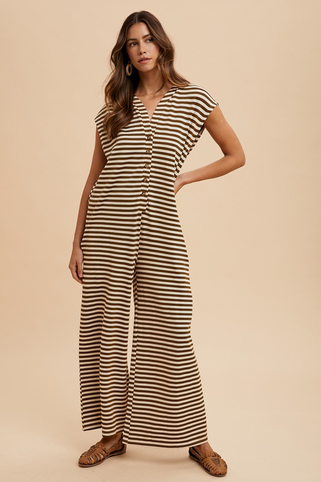 Khloe Knit Stripe Wide Leg Button Down Jumpsuit