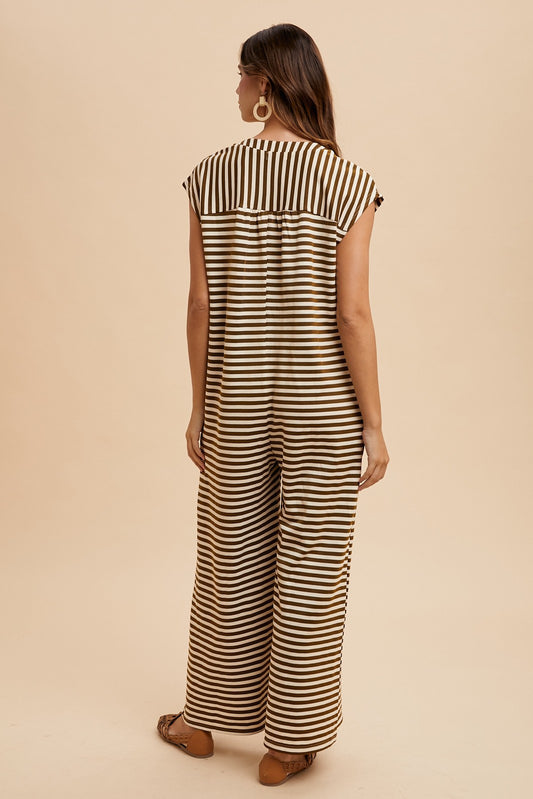 Khloe Knit Stripe Wide Leg Button Down Jumpsuit