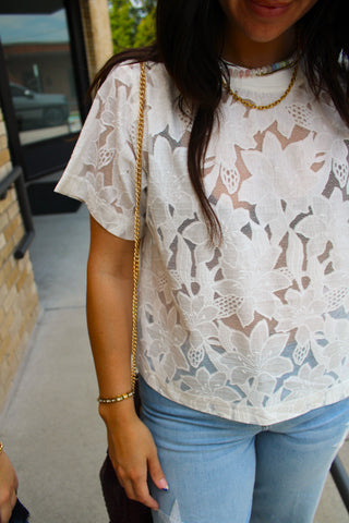 Close-up of ivory floral lace detail on the Lainey Lace Floral Top