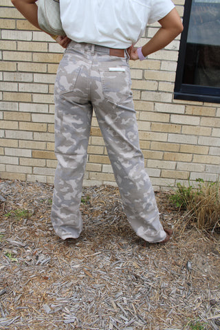 Back view of Logan Hidden tan camo dad jeans available at Erin Rose boutique