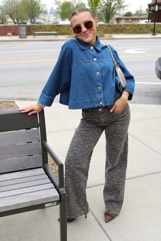Logan Hidden tiger print jeans featuring a high rise waist and trendy animal print design. Available at Erin Rose Boutique