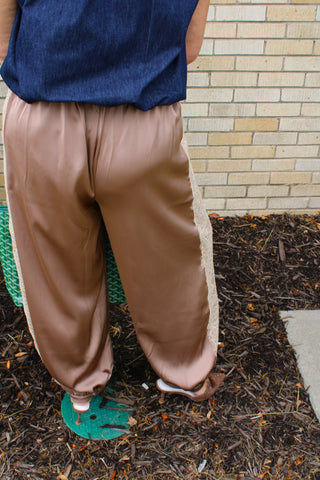 Luna Lace Satin Balloon Pants in mocha back view