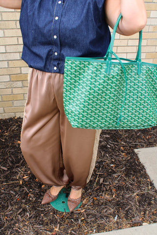 Luna Lace Satin Balloon Pants styled with a dark denim top & green tote bag