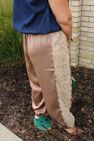 Luna Lace Satin Balloon Pants side view with ivory lace panel