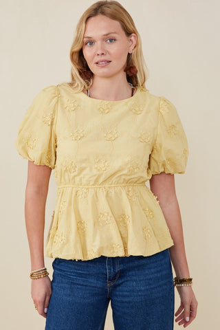 Lydia crochet eyelet bubble peplum top with puff sleeves and bubble hem, Erin Rose Boutique