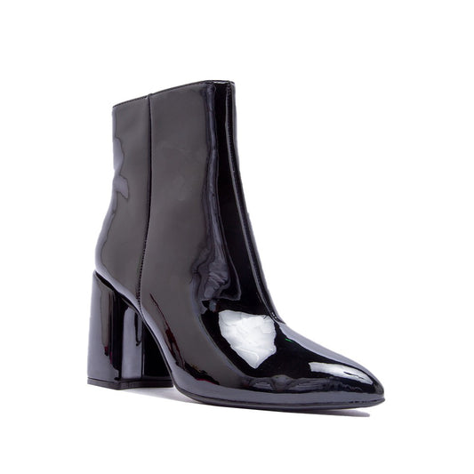 A black patent leather ankle boot with a side zipper and block heel.
