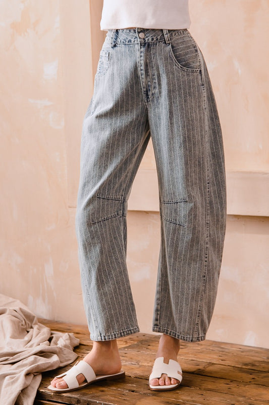 Noa Stripe Mid Rise Barrel Jean