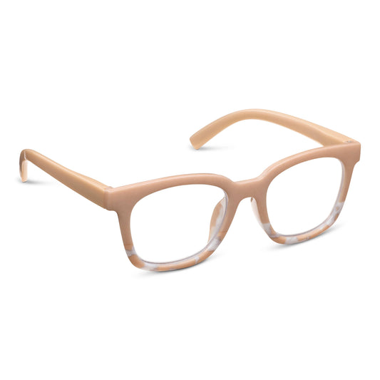 Nude and tortoise shell color block reader glasses with square frames on a white background available at Erin Rose Boutique