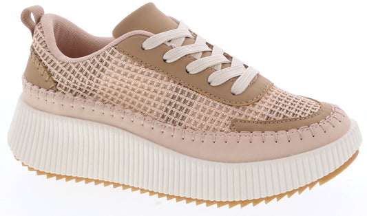 A pair of beige and brown woven platform sneakers with white laces.