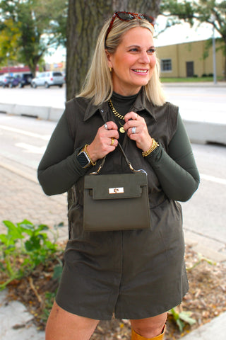 Olive green shirt dress with gathered waistband