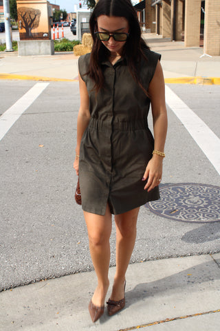 women's olive green button front mini dress
