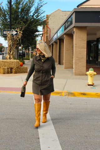 Casual olive green mini dress for fall