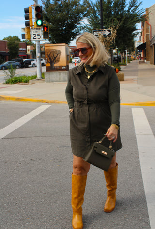 Women's olive green collared mini dress outfit