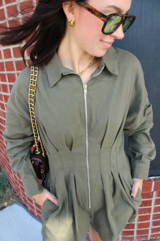 Trendy olive green romper for women's fall fashion