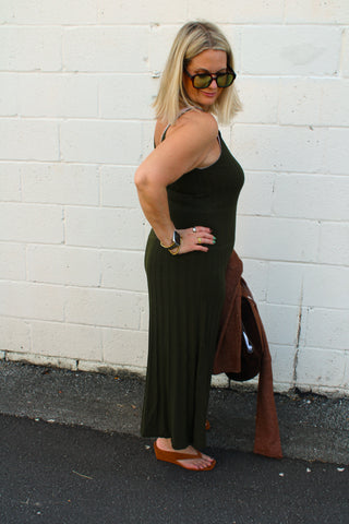 Olive green maxi dress styled for fall